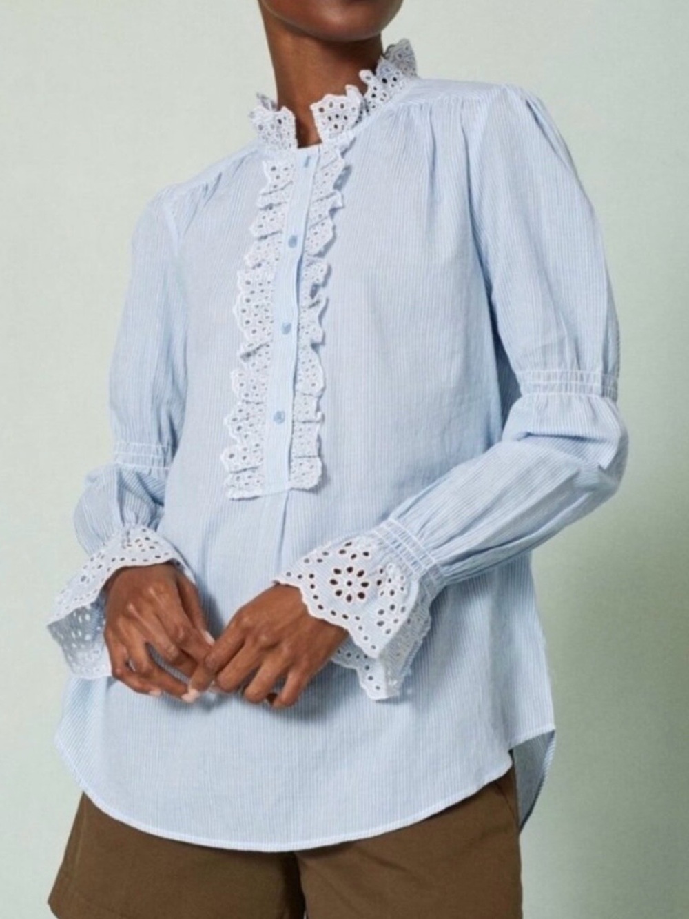 ME+EM Light Blue and White Striped Eyelet Ruffle Button-Front Blouse 16UK/12US